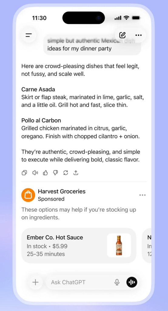 Screenshot Werbung auf ChatGPT