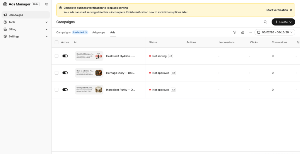 Screenshot ChatGPT Ads Manager